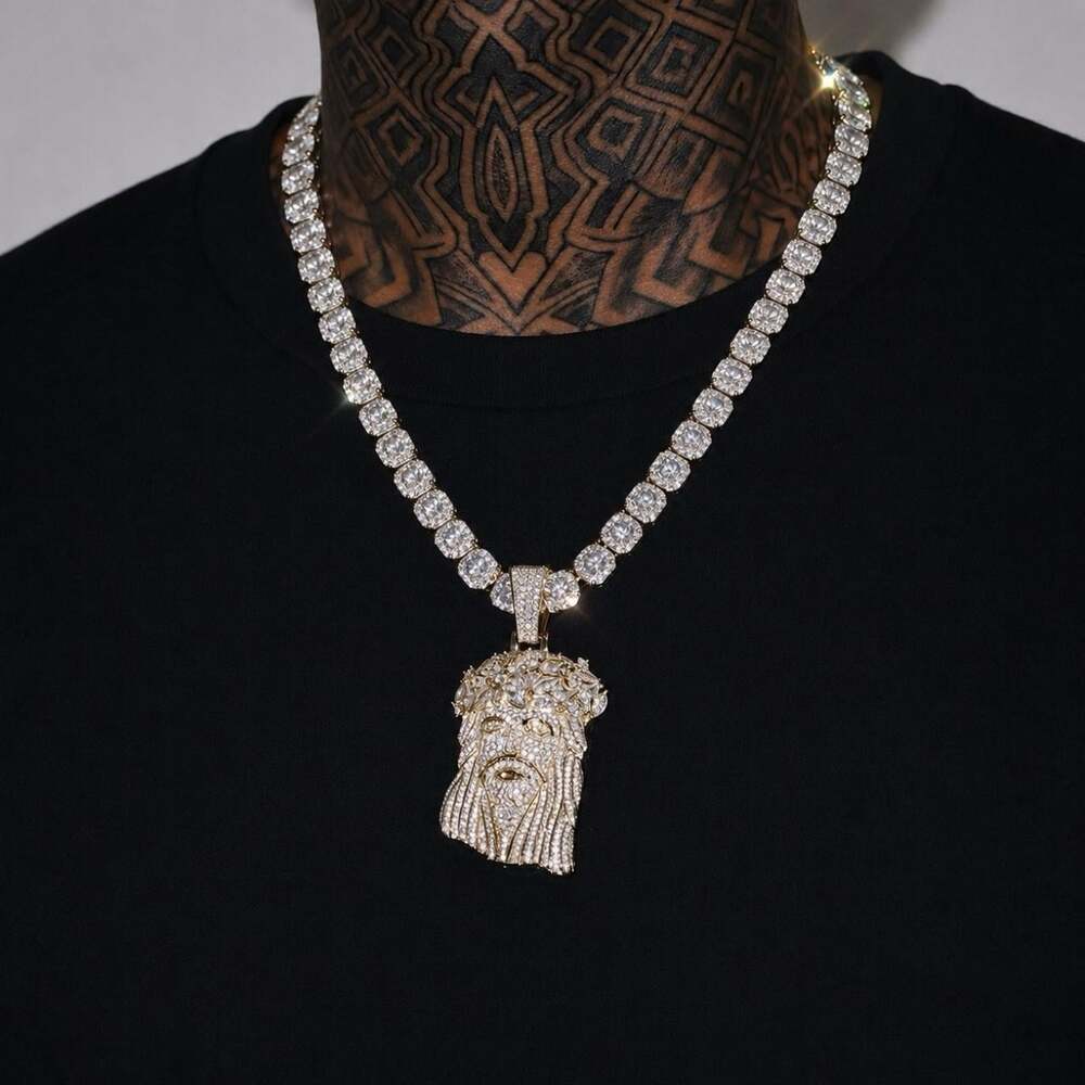 10MM Iced Out Tennis Cluster Jesus Pendant Necklace | 20 Inch SILVER Chain